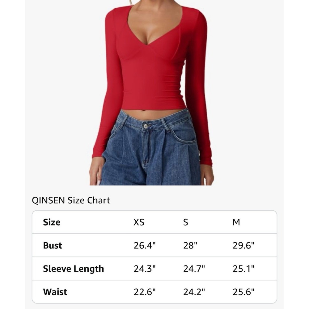 QINSEN Women's Long Sleeve V-Neck Double Lined Crop Top, Seamed Cups Red Size XS - Picture 6 of 8